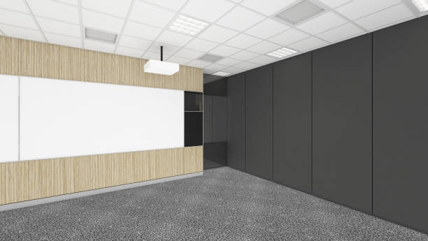 istock empty meeting conference room in office corporate with black space, 3d render interior design, mock up illustration 682872562