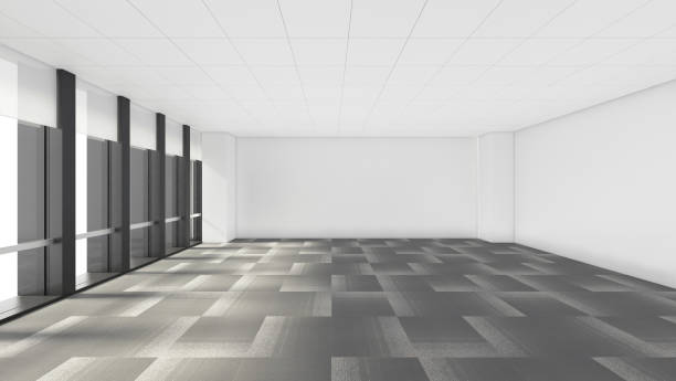 istock empty room in office corporate with windows, 3d render interior design, mock up illustration 682872632