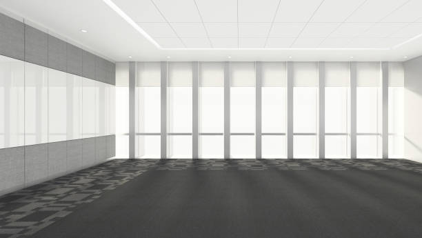 istock empty room in office corporate with windows, 3d render interior design, mock up illustration 682872642