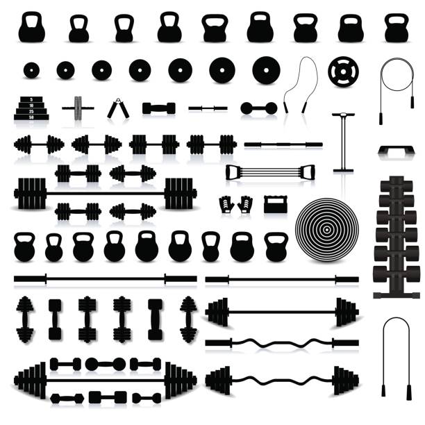 Set of sports equipment, vector illustration. Big set of various sports equipment for the gym and fitness with a mirror reflection and shadow, vector illustration. dumbbell stock illustrations