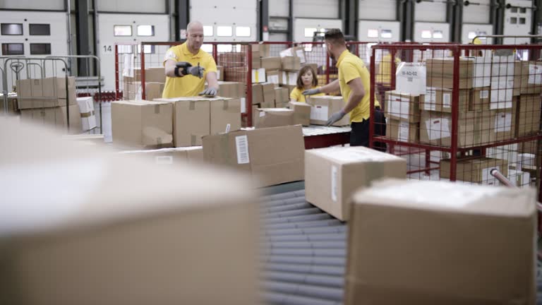 LD Warehouse workers scanning and stacking the packages travelling on the conveyor belt