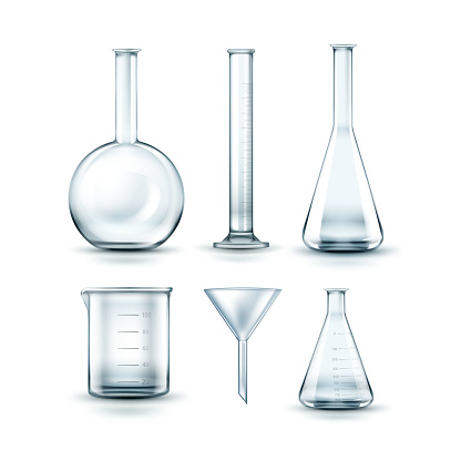 Vector set of empty transparent glass chemical laboratory flasks, funnel and test tube isolated on background