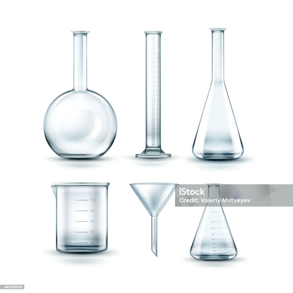 Glass laboratory flasks Vector set of empty transparent glass chemical laboratory flasks, funnel and test tube isolated on background Test Tube stock vector