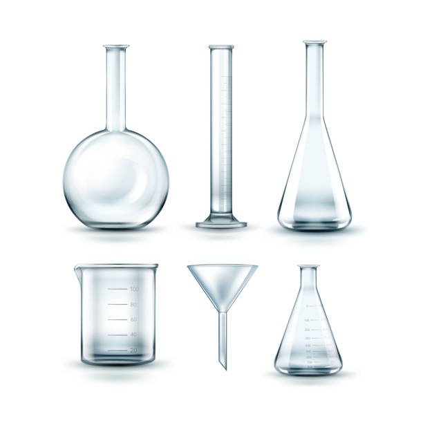 Glass laboratory flasks Vector set of empty transparent glass chemical laboratory flasks, funnel and test tube isolated on background flask funnel stock illustrations