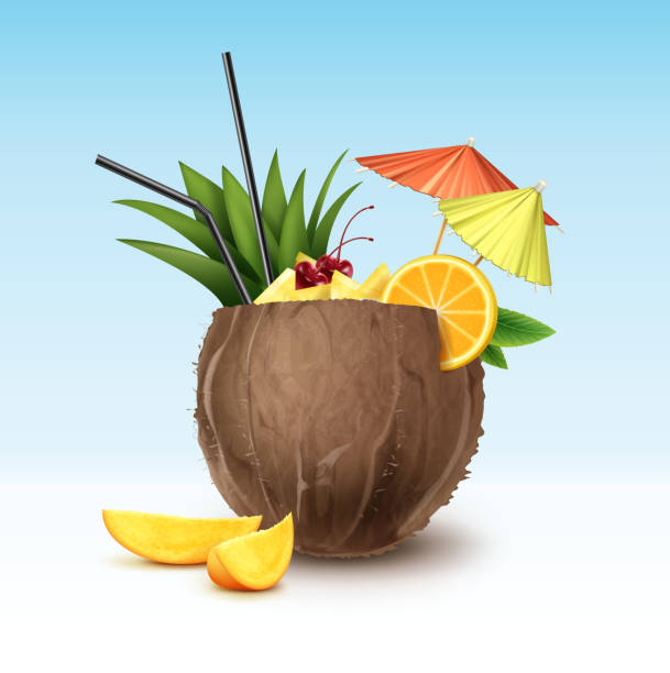 ilustrações, clipart, desenhos animados e ícones de vector cocktail de coco - drink umbrella umbrella cocktail pink