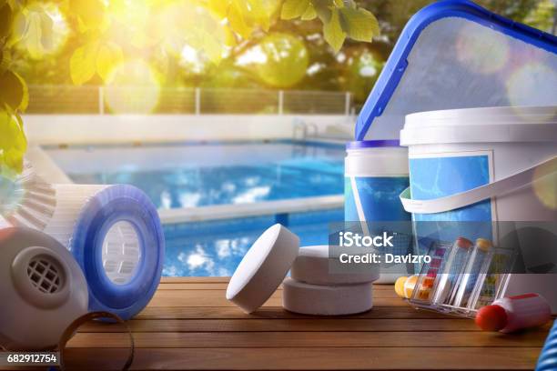 Swimming Pool Service And Equipment With Swimming Pool Background Stock Photo - Download Image Now