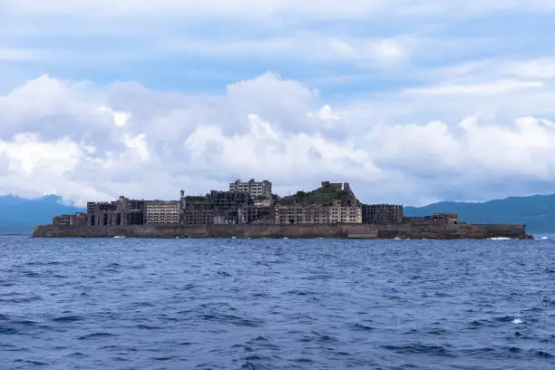 Uninhabited warship island of Japan in Nagasaki (Hashima) registered as a UNESCO World Heritage Site. Concrete is in ruins