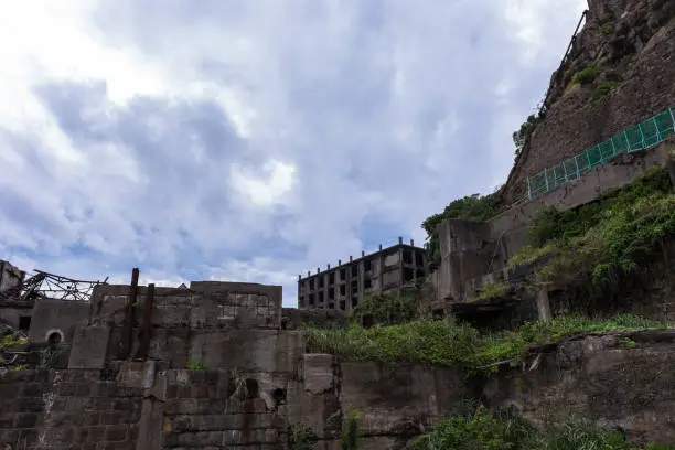 Uninhabited warship island of Japan in Nagasaki (Hashima) registered as a UNESCO World Heritage Site. Concrete is in ruins