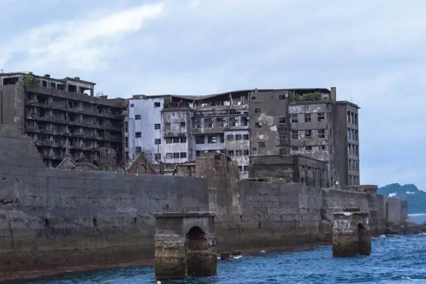 Uninhabited warship island of Japan in Nagasaki (Hashima) registered as a UNESCO World Heritage Site. Concrete is in ruins