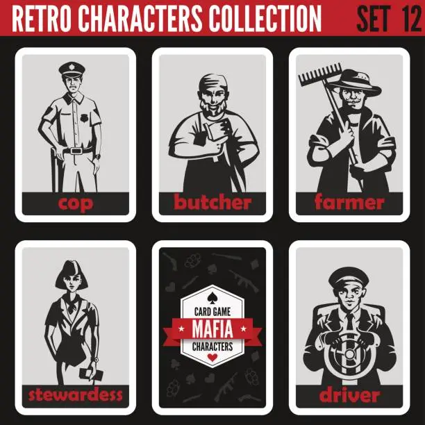 Vector illustration of Retro vintage people collection. Mafia noir style. Cop, Butcher, Farmer, Stewardess, Driver.  
Professions silhouettes.