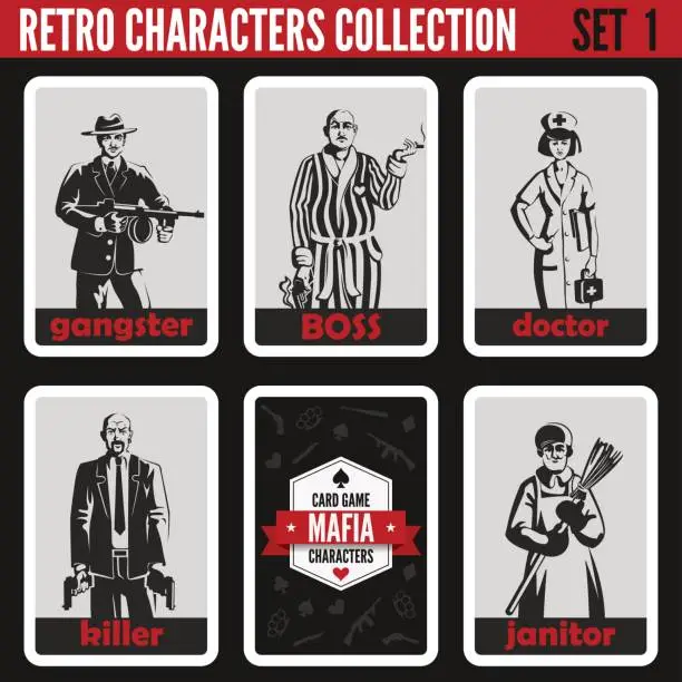 Vector illustration of Retro vintage people collection. Mafia noir style. Gangster, Boss, Doctor, Killer, Janitor. 
Professions silhouettes.
