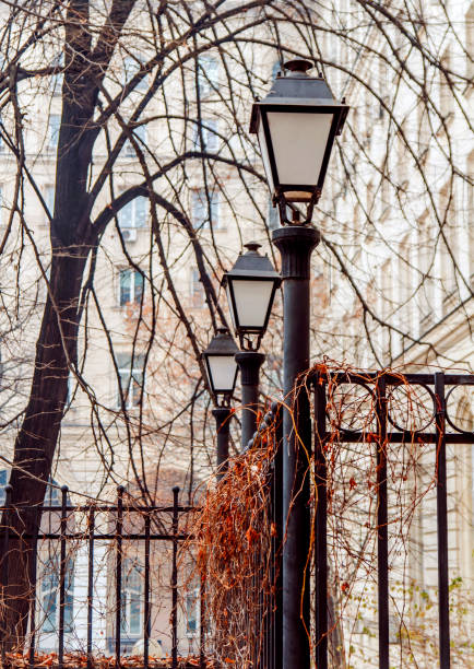istock Old vintage street light lamp on black rod 682923718