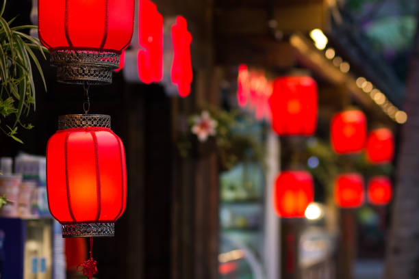 istock Many Barrel-shaped Chinese double red lantern in the early evening 682923750