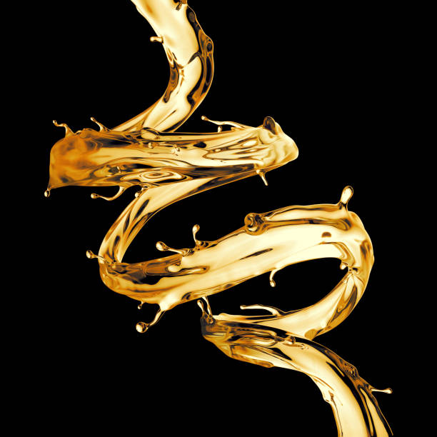 istock 3d render, digital illustration, clear yellow spiral jet, lemonade, tea, oil splash, alcohol liquid wave, splashing loops, curvy line, isolated on black background 682924978