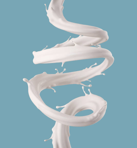 3d render, digital illustration, milk spiral jet, white splash, liquid wave, paint, loops, curvy line, blue background - drink close up dairy product flowing imagens e fotografias de stock