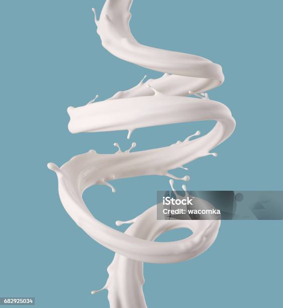 Foto de Renderização 3d Ilustração Digital Jato De Espiral De Leite Branco Respingo Onda Líquida Pintura Loops Linha Curvos Fundo Azul e mais fotos de stock de Esparramar líquido