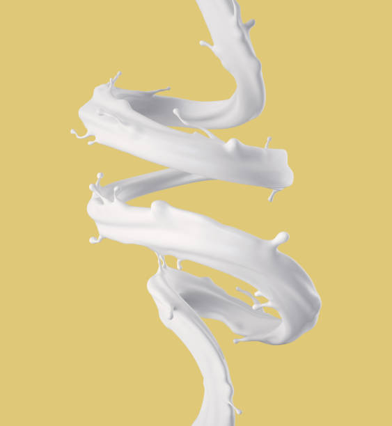 istock 3d render, digital illustration, milk spiral jet, white splash, liquid wave, paint, loops, curvy line, yellow background 682925082