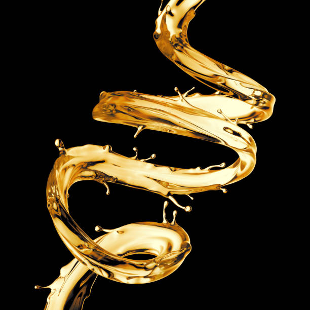 istock 3d render, digital illustration, clear yellow spiral jet, lemonade, tea, oil splash, alcohol liquid wave, splashing loops, curvy line, isolated on black background 682925150