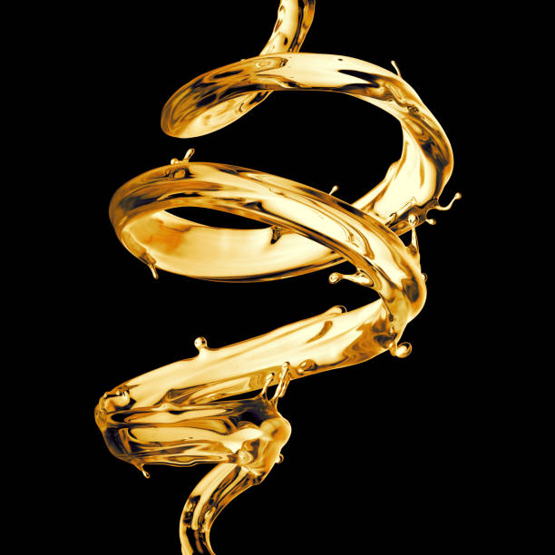 3d 렌더링, 디지털 일러스트 레이 션, 취소 노란색 나선형 제트, 레모네이드, 차, 석유 스플래시, 알코올 액체 파, 튀는 루프, 매력적인 라인, 검은색에 고립 - black gold abstract spiral 뉴스 사진 이미지