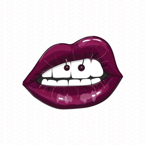 ilustrações, clipart, desenhos animados e ícones de ilustração da boca sensual. lábios de glamour rosa escuro de vetor com piercing, tipo de modificação do corpo. tendência beaty - lábio anel, estilo de glam de joias de moda adolescente - tattoo punk women pierced