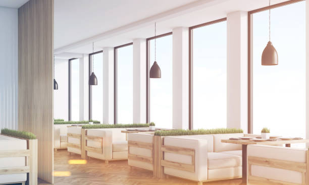 istock Side view of grass cafe, light wood sofas, toned 682932898