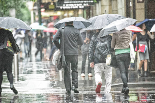 Sydney, Australia - November 04, 2015: People crowd using umbrellas on street in central Sydney. Heavy rain, everything is wet.