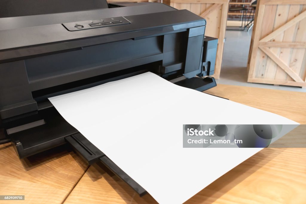 Digital Paper Printer And Blank Template On Wooden Table Stock Photo -  Download Image Now - iStock