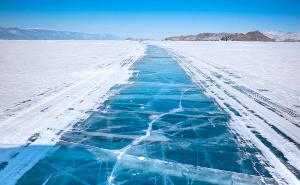 Ice surface of Baikal lake stock photo
