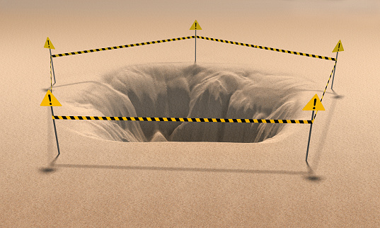 hole in sand With warning tape. 3d rendering