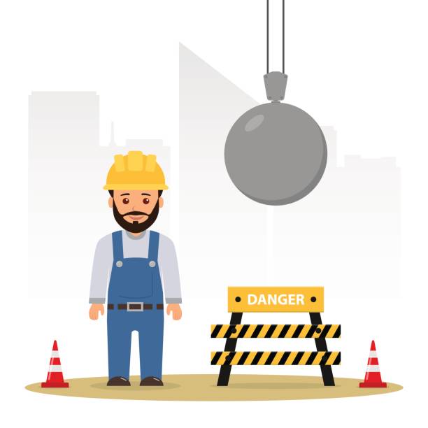 Builder at a construction site. Demolition of the building. Wrecking ball. Builder at a construction site. Demolition of the building. Wrecking ball. Cartoon vector illustration danger on the construction site. construction hiring stock illustrations