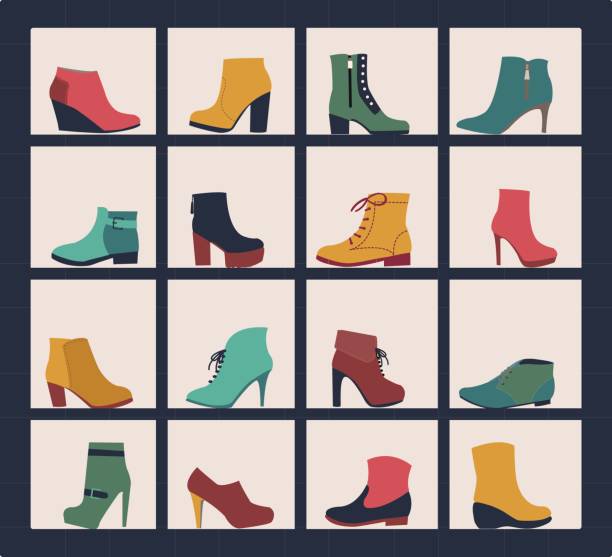 collection of shoes on shelves of shop. vector art illustration