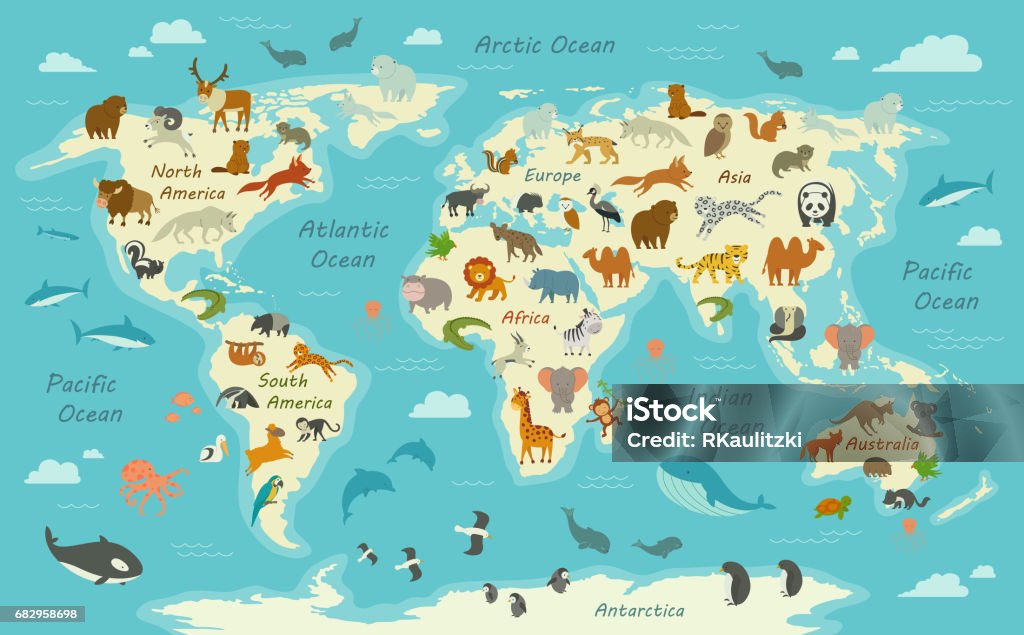 World Map with Animals Vector Illustration of a World Map with Animals World Map stock vector