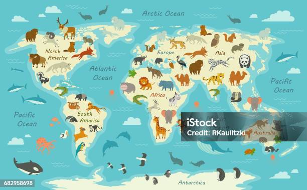 World Map With Animals Stock Illustration - Download Image Now - World Map, Animal, Globe - Navigational Equipment