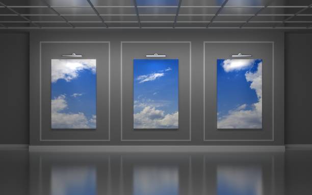 istock Three large vertical posters on wall in a gallery with cloudy sky. 3d illustration 682961404