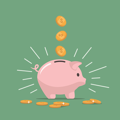 Pink piggy bank with falling coins. The concept of saving money or open a bank deposit. Investments in future. Isolated vector illustration piggy bank in flat style.
