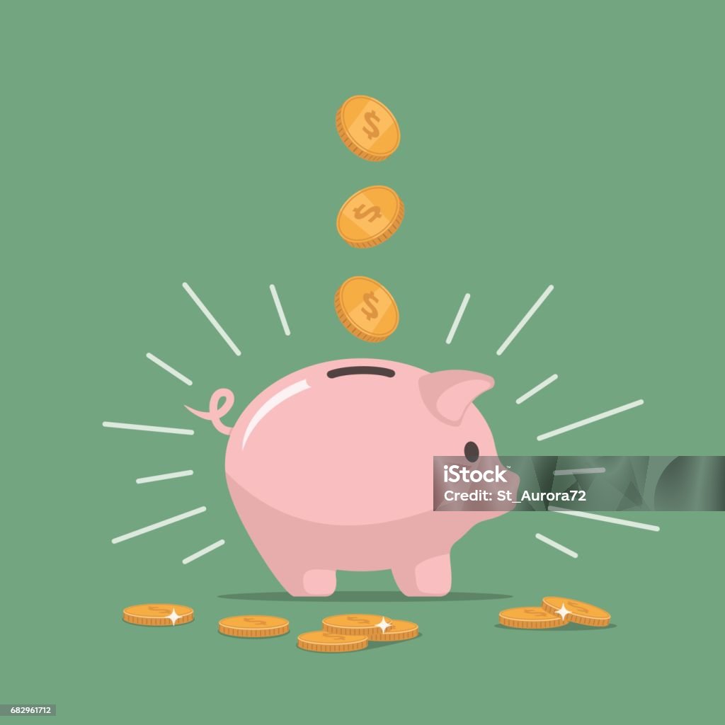 Pink piggy bank with falling coins. Saving money. Investments in future. Pink piggy bank with falling coins. The concept of saving money or open a bank deposit. Investments in future. Isolated vector illustration piggy bank in flat style. Piggy Bank stock vector