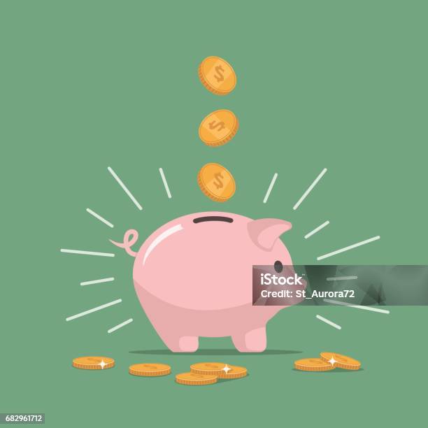 Pink Piggy Bank With Falling Coins Saving Money Investments In Future Stock Illustration - Download Image Now