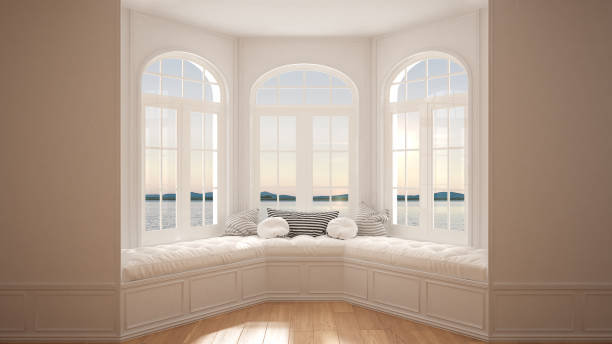 istock Big window with sea panorama, minimalist empty space, background classic interior design 682965116