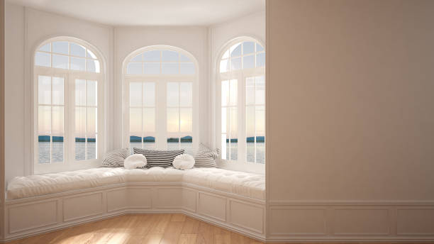 istock Big window with sea panorama, minimalist empty space, background classic interior design 682969280