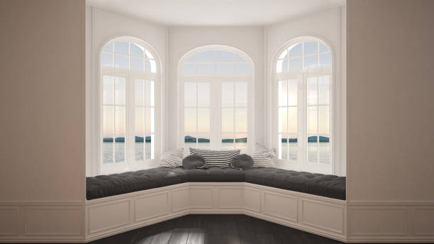 istock Big window with sea panorama, minimalist empty space, background classic interior design 682971626