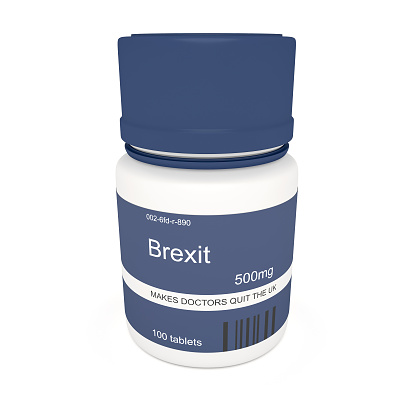 EU Brexit News Concept: Blue Pill Bottle Doctors Quit The UK, 3d illustration on white background