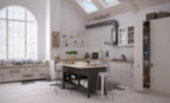 Blur background interior design, scandinavian white minimalist kitchen
