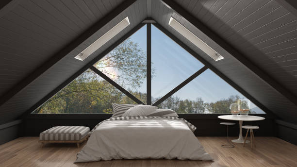 istock Classic mezzanine loft with big panoramic window, bedroom, summer or spring garden meadow, minimalist scandinavian interior design 682972410