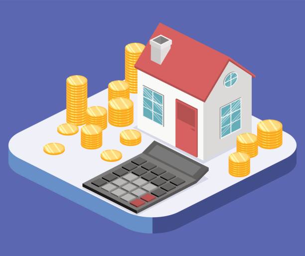 изометрический плоский 3d вектор дом и инвестиции в недвижимость деньги. - loan house calculator currency stock illustrations