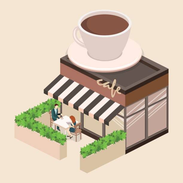 ilustraciones, imágenes clip art, dibujos animados e iconos de stock de isométrico exterior de la cafetería o tienda de dulce. - isometric people cafe coffee shop