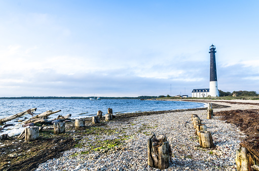 Sorve Lighthouse from the pebble beach at Saaremaa, Estonia