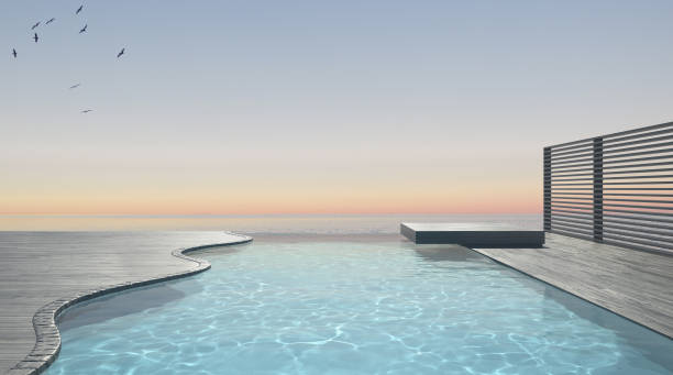 infinity swimming pool terrace with sea ocean panorama - swimming pool resort swimming pool poolside sea imagens e fotografias de stock