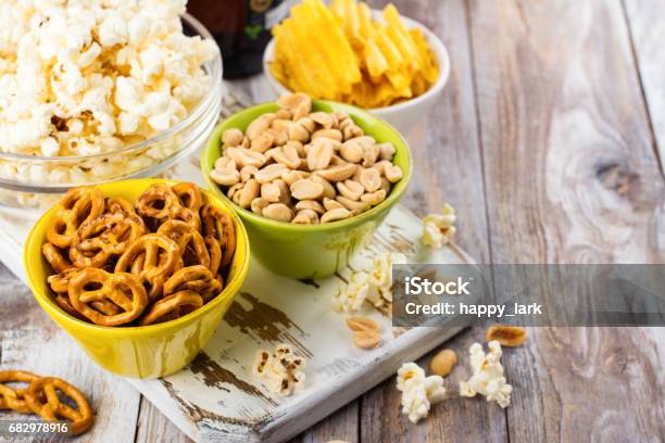 Beer Snacks On Wooden Table Stock Photo - Download Image Now - Snack, Party - Social Event, Soccer