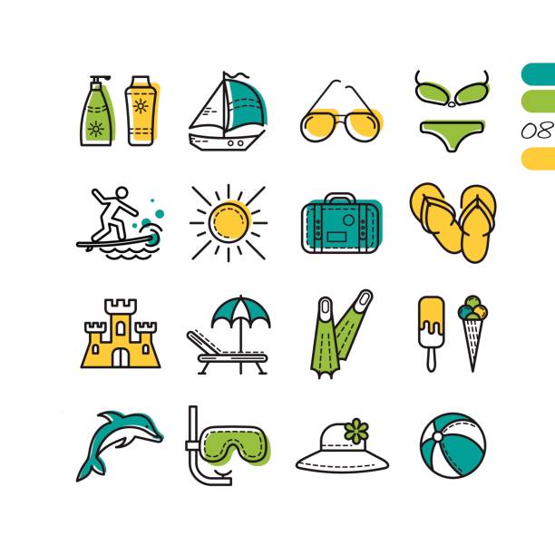 ilustrações de stock, clip art, desenhos animados e ícones de set summer vacation linear colored icons - suntan lotion symbol ice umbrella