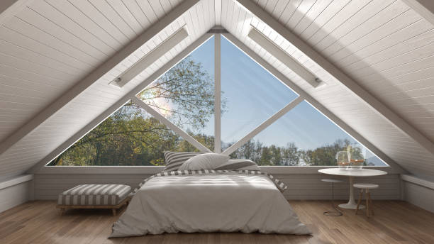 istock Classic mezzanine loft with big panoramic window, bedroom, summer or spring garden meadow, minimalist scandinavian interior design 682989942